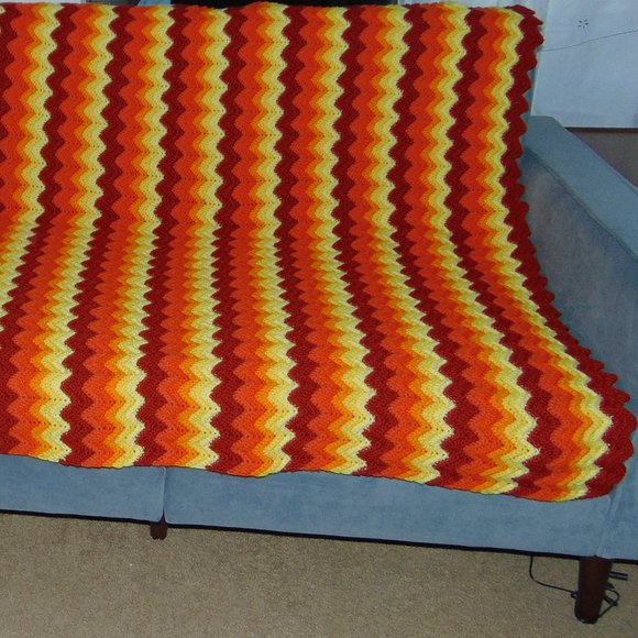 Vintage Crocheted Afghan, Ripple Chevron, Yellow/Orange/Rust, 45 x 84 - Picture 2 of 11